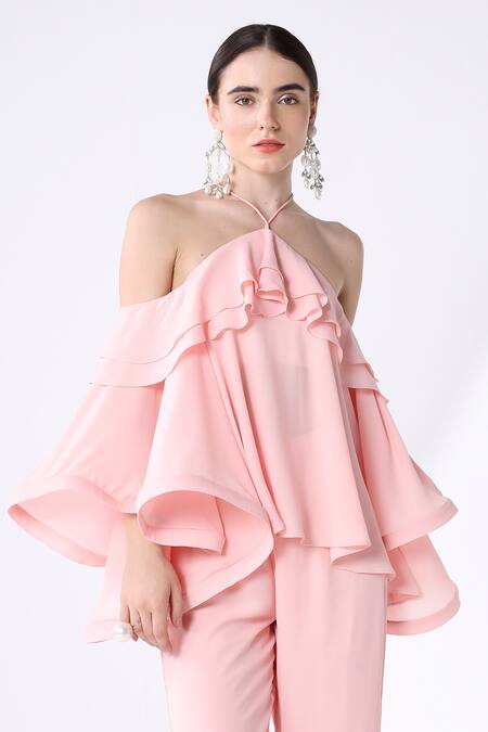 Buy_Ashico_Peach Georgette Halter Neck Voluminous Sleeved Blouse And Pant Set_Online_at_Aza_Fashions