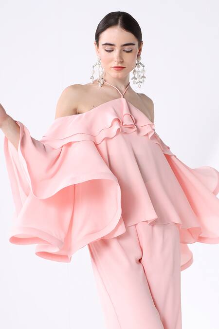 Shop_Ashico_Peach Georgette Halter Neck Voluminous Sleeved Blouse And Pant Set_Online_at_Aza_Fashions
