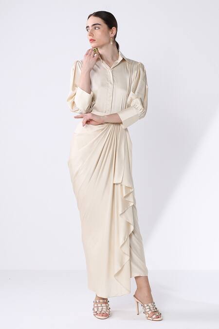 Ashico Gold Satin Solid Collared Neck Shirt And Hand-draped Skirt Set Online at Aza Fashions Ashico_Gold Satin Solid Collared Neck Shirt And Hand-draped Skirt Set_Online_at_Aza_Fashions