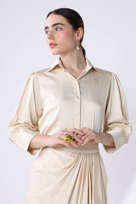 Buy Ashico Gold Satin Solid Collared Neck Shirt And Hand-draped Skirt Set Online at Aza Fashions Buy_Ashico_Gold Satin Solid Collared Neck Shirt And Hand-draped Skirt Set_Online_at_Aza_Fashions