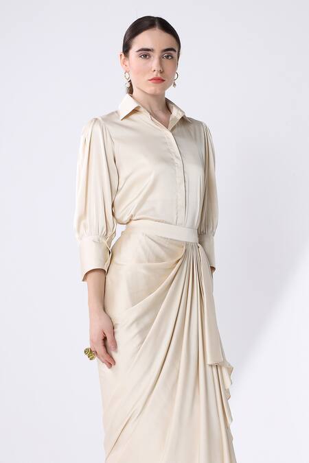Shop Ashico Gold Satin Solid Collared Neck Shirt And Hand-draped Skirt Set Online at Aza Fashions Shop_Ashico_Gold Satin Solid Collared Neck Shirt And Hand-draped Skirt Set_Online_at_Aza_Fashions
