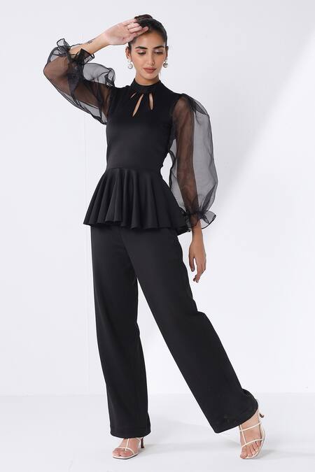 Ashico_Black Lycra Solid Halter Sheer Sleeved Top And Pant Set_Online_at_Aza_Fashions