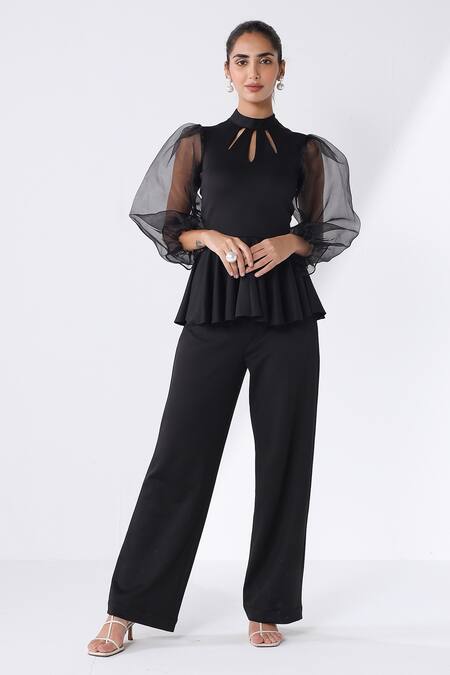 Shop_Ashico_Black Lycra Solid Halter Sheer Sleeved Top And Pant Set_Online_at_Aza_Fashions