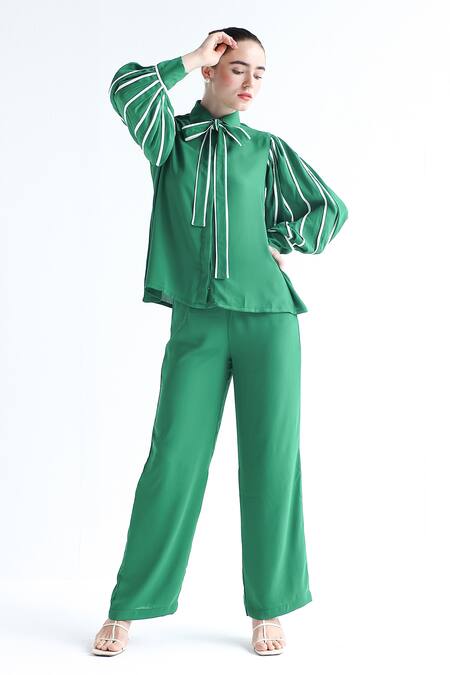 Buy_Ashico_Green Georgette Solid Collared Neck Shirt And Pant Set_Online_at_Aza_Fashions