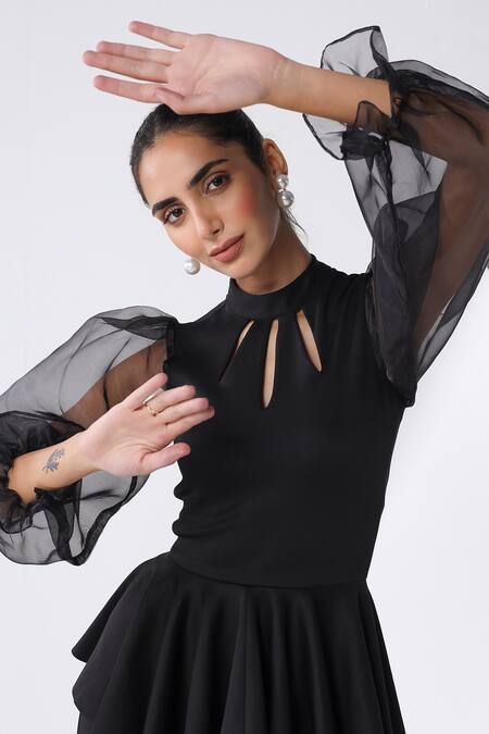 Ashico_Black Lycra Solid Halter Sheer Sleeved Top And Pant Set_at_Aza_Fashions
