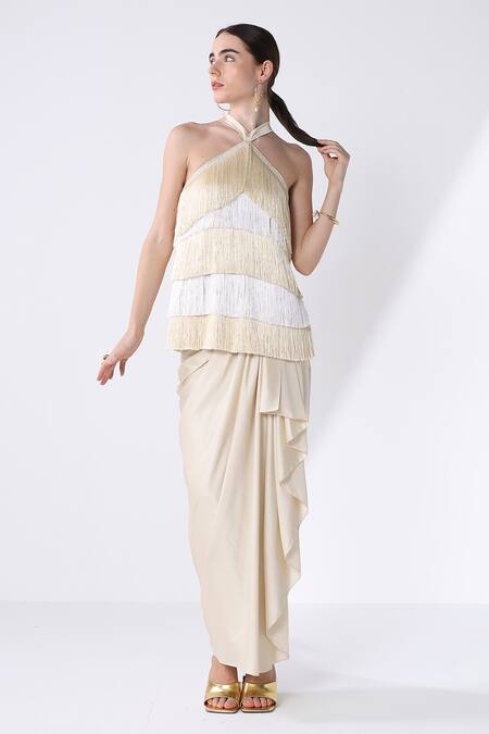 Ashico_Gold Satin Halter Ombre Fringed Top And Draped Skirt Set_Online_at_Aza_Fashions