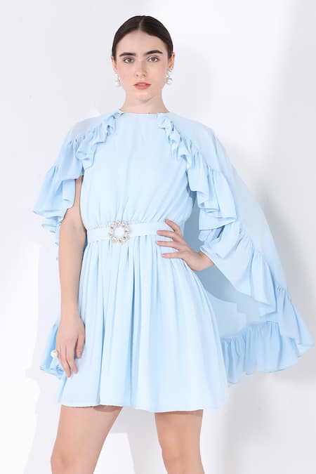 Buy Blue Georgette Solid Round Ruffled Pattern Dress For Women by Ashico  Online at Aza Fashions.