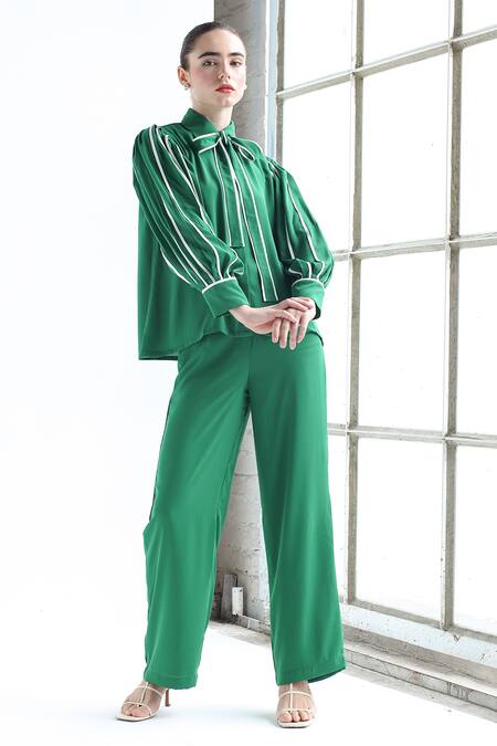 Shop_Ashico_Green Georgette Solid Collared Neck Shirt And Pant Set_Online_at_Aza_Fashions