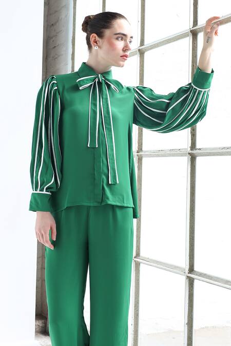Ashico_Green Georgette Solid Collared Neck Shirt And Pant Set_at_Aza_Fashions