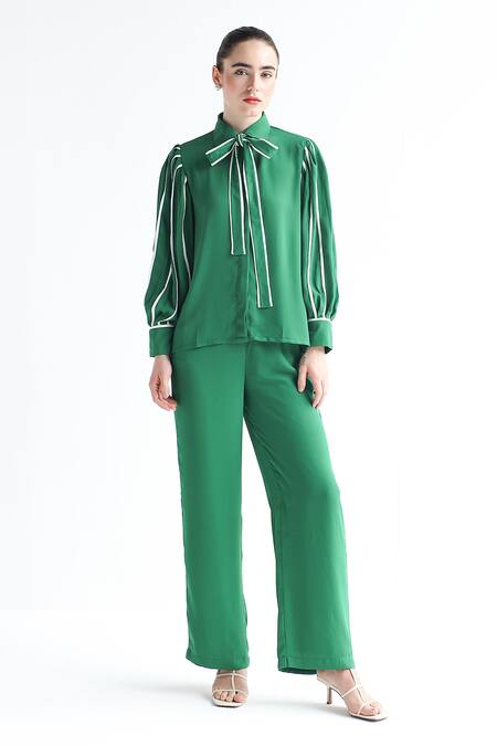 Ashico_Green Georgette Solid Collared Neck Shirt And Pant Set_Online_at_Aza_Fashions
