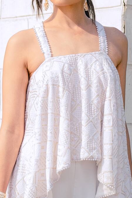 Monk & Mei By Sonia Anand White Georgette, Crepe Embroidery, Sequins Square Asin Top And Flared Pant Set Online at Aza Fashions Monk & Mei By Sonia Anand_White Georgette, Crepe Embroidery, Sequins Square Asin Top And Flared Pant Set _Online_at_Aza_Fashions
