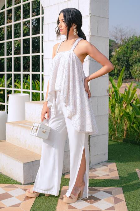 Shop Monk & Mei By Sonia Anand White Georgette, Crepe Embroidery, Sequins Square Asin Top And Flared Pant Set Online at Aza Fashions Shop_Monk & Mei By Sonia Anand_White Georgette, Crepe Embroidery, Sequins Square Asin Top And Flared Pant Set _Online_at_Aza_Fashions