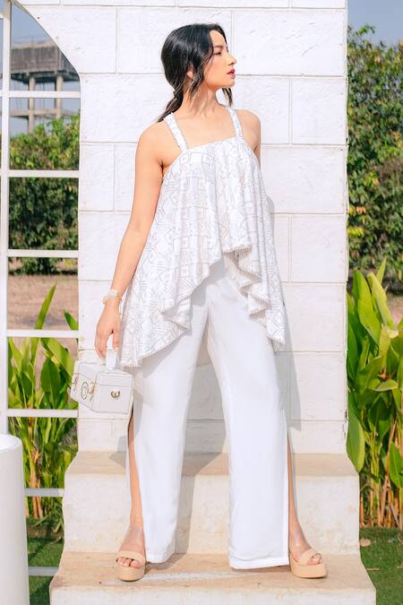 Monk & Mei By Sonia Anand White Georgette, Crepe Embroidery, Sequins Square Asin Top And Flared Pant Set at Aza Fashions Monk & Mei By Sonia Anand_White Georgette, Crepe Embroidery, Sequins Square Asin Top And Flared Pant Set _at_Aza_Fashions