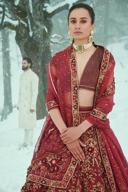 Sahil Kochhar_Maroon Organza Embroidery, Zari, Applique Asit Floral 3d Bridal Lehenga Set _Online_at_Aza_Fashions