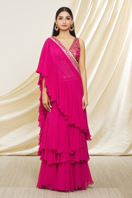 Gopi Vaid Pink Tussar, Chiffon Embroidery Anupa Pre-draped Ruffle Saree With Blouse at Aza Fashions Gopi Vaid_Pink Tussar, Chiffon Embroidery Anupa Pre-draped Ruffle Saree With Blouse _at_Aza_Fashions