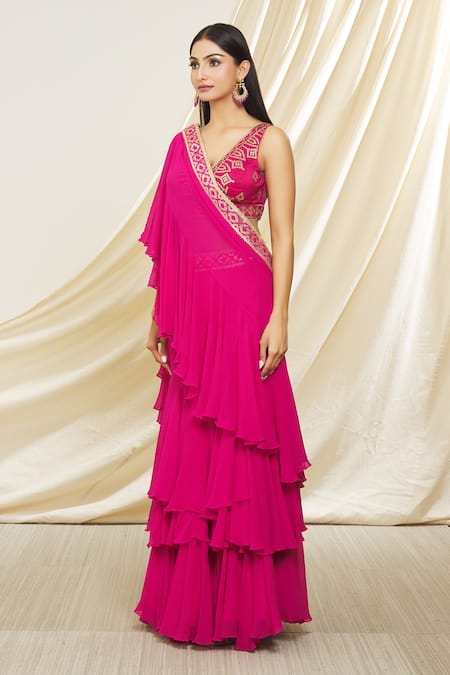 Gopi Vaid Pink Tussar, Chiffon Embroidery Anupa Pre-draped Ruffle Saree With Blouse Online at Aza Fashions Gopi Vaid_Pink Tussar, Chiffon Embroidery Anupa Pre-draped Ruffle Saree With Blouse _Online_at_Aza_Fashions