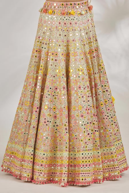 Buy_Gopi Vaid_Ivory Blouse Tussar Embroidery Floral Scoop Neck Rakul Mirror Lehenga Set _Online_at_Aza_Fashions