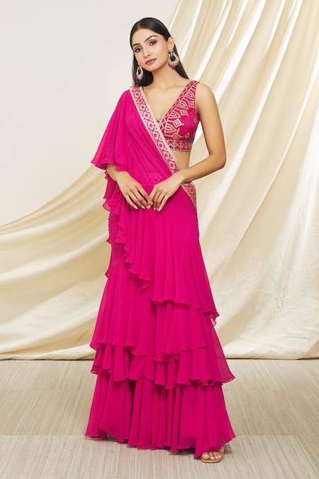 Buy Gopi Vaid Pink Tussar, Chiffon Embroidery Anupa Pre-draped Ruffle Saree With Blouse Online at Aza Fashions Buy_Gopi Vaid_Pink Tussar, Chiffon Embroidery Anupa Pre-draped Ruffle Saree With Blouse _Online_at_Aza_Fashions