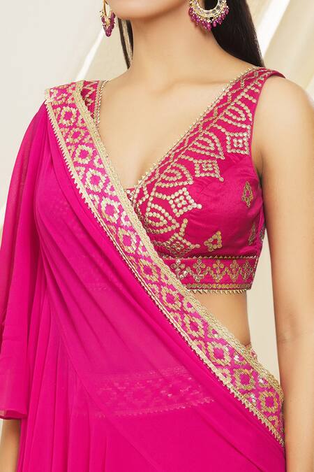 Shop Gopi Vaid Pink Tussar, Chiffon Embroidery Anupa Pre-draped Ruffle Saree With Blouse Online at Aza Fashions Shop_Gopi Vaid_Pink Tussar, Chiffon Embroidery Anupa Pre-draped Ruffle Saree With Blouse _Online_at_Aza_Fashions