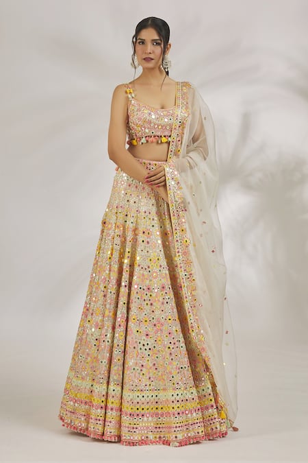 Shop_Gopi Vaid_Ivory Blouse Tussar Embroidery Floral Scoop Neck Rakul Mirror Lehenga Set _Online_at_Aza_Fashions