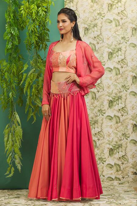 Shop Alaya Advani Peach Muslin, Silk Mirrors, Beads, Cut Work Scoop Neck, Open Jacket Lehenga Set Online at Aza Fashions Shop_Alaya Advani_Peach Muslin, Silk Mirrors, Beads, Cut Work Scoop Neck, Open Jacket Lehenga Set_Online_at_Aza_Fashions