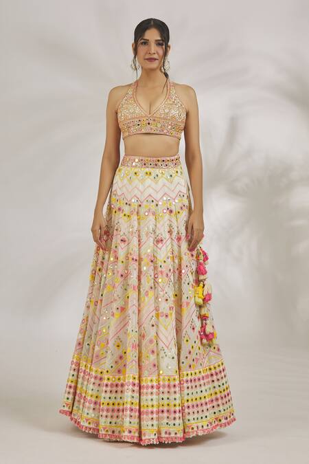 Gopi Vaid_Ivory Blouse Tussar Embroidery Chevron V Neck Adara Mirror Lehenga Set _at_Aza_Fashions