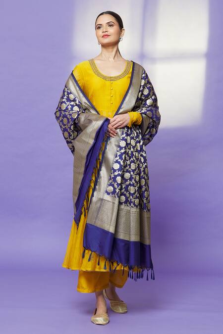 Shop_Naintara Bajaj_Blue Chanderi Silk Fringe Floral Pattern Navy Dupatta _Online_at_Aza_Fashions