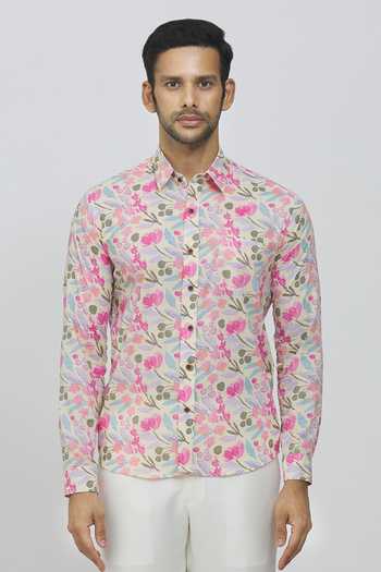 Aryavir Malhotra_Cream Cotton Hand Printed Floral Shirt_at_Aza_Fashions