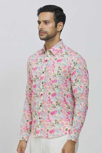 Aryavir Malhotra_Cream Cotton Hand Printed Floral Shirt_Online_at_Aza_Fashions