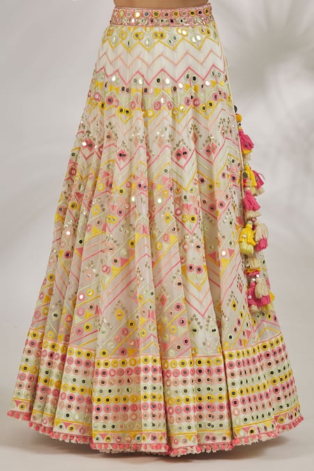 Gopi Vaid_Ivory Blouse Tussar Embroidery Chevron V Neck Adara Mirror Lehenga Set _Online_at_Aza_Fashions