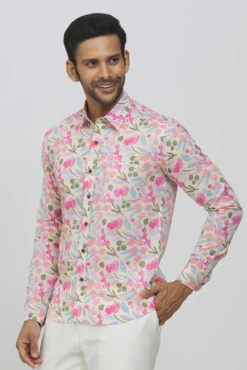 Buy_Aryavir Malhotra_Cream Cotton Hand Printed Floral Shirt_Online_at_Aza_Fashions