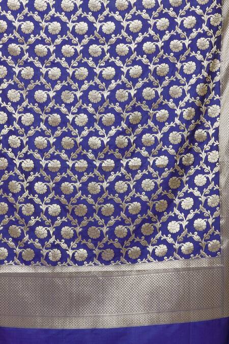 Buy_Naintara Bajaj_Blue Chanderi Silk Fringe Floral Pattern Navy Dupatta _Online_at_Aza_Fashions