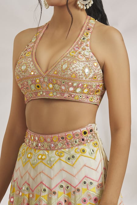 Buy_Gopi Vaid_Ivory Blouse Tussar Embroidery Chevron V Neck Adara Mirror Lehenga Set _Online_at_Aza_Fashions