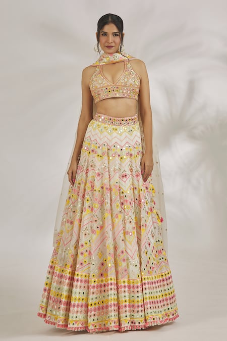 Shop_Gopi Vaid_Ivory Blouse Tussar Embroidery Chevron V Neck Adara Mirror Lehenga Set _Online_at_Aza_Fashions