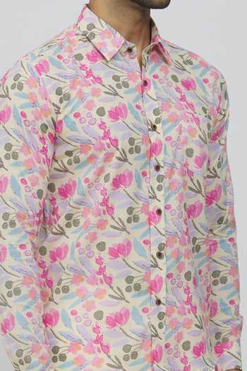 Shop_Aryavir Malhotra_Cream Cotton Hand Printed Floral Shirt_Online_at_Aza_Fashions