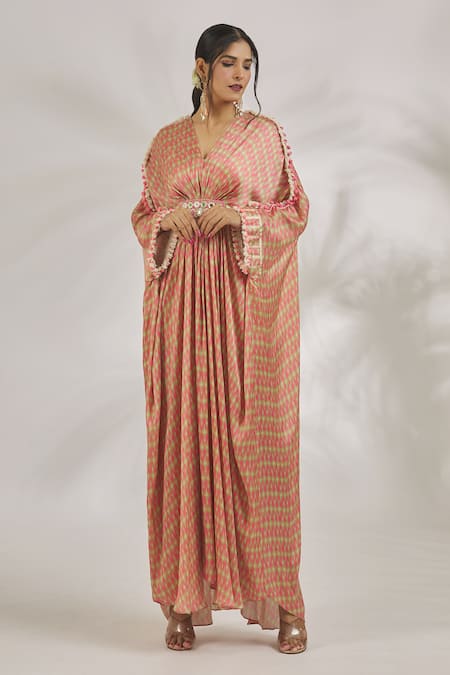 Buy_Gopi Vaid_Pink Satin Pom-poms V-neck Zeba Abstract Pattern Kaftan _Online_at_Aza_Fashions