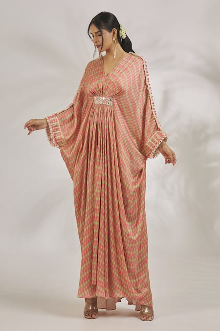 Shop_Gopi Vaid_Pink Satin Pom-poms V-neck Zeba Abstract Pattern Kaftan _Online_at_Aza_Fashions