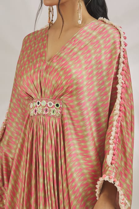 Gopi Vaid_Pink Satin Pom-poms V-neck Zeba Abstract Pattern Kaftan _at_Aza_Fashions