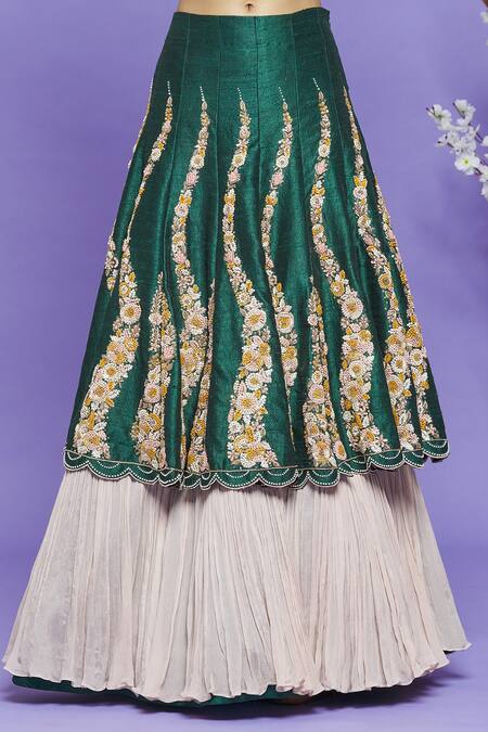 Neha Mehta Couture_Green Pure Raw Silk Embroidery Thread Leaf Neck Layered Lehenga Set _at_Aza_Fashions