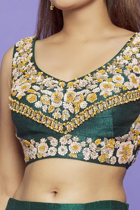Buy_Neha Mehta Couture_Green Pure Raw Silk Embroidery Thread Leaf Neck Layered Lehenga Set _Online_at_Aza_Fashions