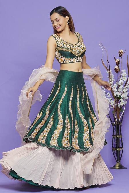Shop_Neha Mehta Couture_Green Pure Raw Silk Embroidery Thread Leaf Neck Layered Lehenga Set _Online_at_Aza_Fashions