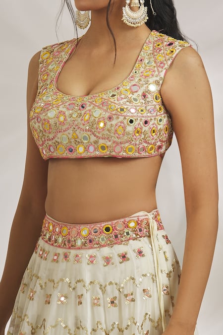 Buy_Gopi Vaid_Ivory Blouse Tussar Embroidery Sequin U Neck Maya Lehenga Set _Online_at_Aza_Fashions