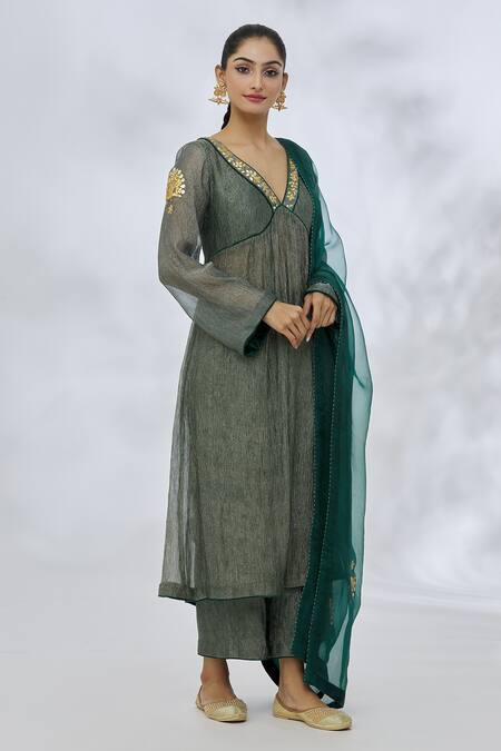 Itrh Green Silk Tissue Placement Embroidery Gota Patti V Neck Leaf Vine Kurta Set Online at Aza Fashions Itrh_Green Silk Tissue Placement Embroidery Gota Patti V Neck Leaf Vine Kurta Set _Online_at_Aza_Fashions