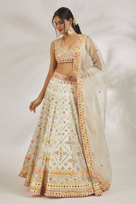 Gopi Vaid_Ivory Blouse Tussar Embroidery Sequin U Neck Maya Lehenga Set _at_Aza_Fashions