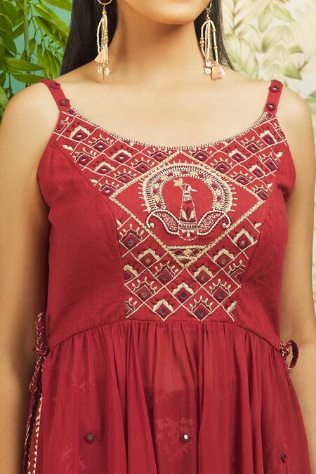 Shop Alaya Advani Red Cotton, Organza Embroidery, Mirrors Scoop Strappy Bodice Kurta Palazzo Set Online at Aza Fashions Shop_Alaya Advani_Red Cotton, Organza Embroidery, Mirrors Scoop Strappy Bodice Kurta Palazzo Set_Online_at_Aza_Fashions