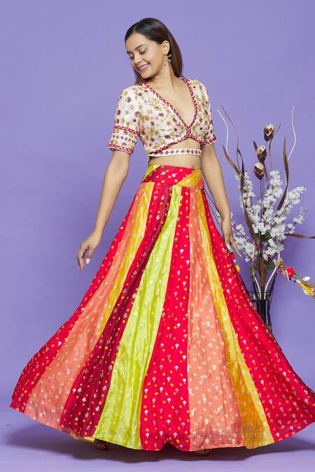 Shop_Neha Mehta Couture_Multi Color Pure Bandhani Thread, Sequin And Woven Embroidered Blouse & Lehenga _Online_at_Aza_Fashions