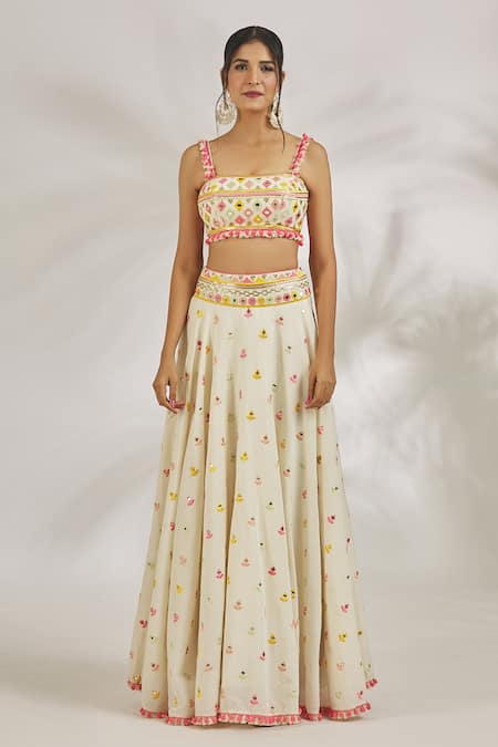 Buy_Gopi Vaid_Ivory Cotton Tassels, Saba Thread Motif Embroidered Lehenga And Blazer Set 