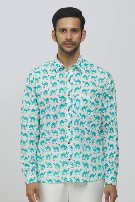 Aryavir Malhotra_White Cotton Hand Printed Camel Shirt_at_Aza_Fashions