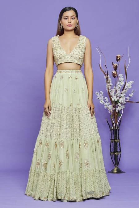 Neha Mehta Couture_Green Pure Georgette Embroidery Sequin V Neck Lehenga Set _Online_at_Aza_Fashions