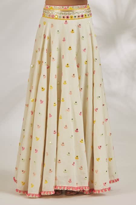 Gopi Vaid_Ivory Cotton Tassels, Saba Thread Motif Embroidered Lehenga And Blazer Set _Online_at_Aza_Fashions